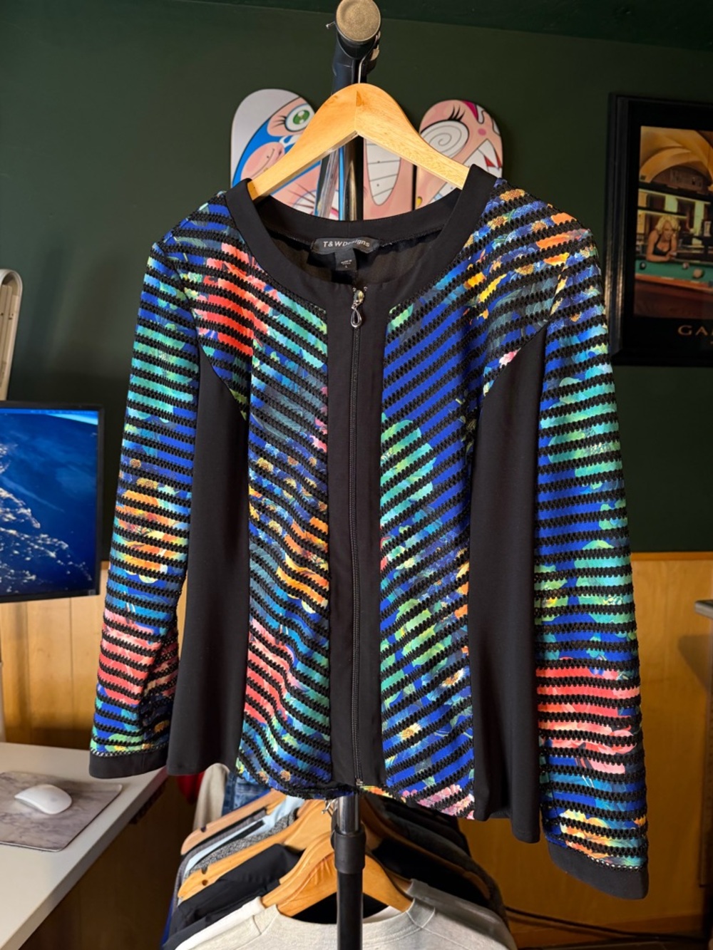 T&WDesigns Art Deco Floral Multicolored Weave Mesh Bomber Jacket